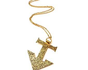 Mod Freirich Anchor Necklace, Chased Nautical Anchor Pendant Brooch Chain Necklace, 1960s Vintage Nautical Jewelry Designer Signed Necklace