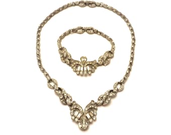 1940s Lisner Set, Vintage Lisner Demi Parure, Necklace & Bracelet Set, Rhinestone Necklace Set, Early Lisner Costume Jewelry Set Antique