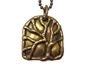 Brutalist Tree Pendant, Vintage Tree Necklace, 1960s Ball Chain Necklace, Handmade Brass Necklace, Artisan Vintage Pendant Necklace