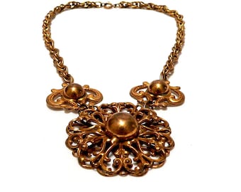 Victorian Revival Necklace, German Gilded Brass Necklace, Filigree Metalwork Necklace, 1930s Art Deco Jewelry Gold Overlay, Bonnie and Clyde