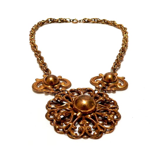 Victorian Revival Necklace, German Gilded Brass Necklace, Filigree Metalwork Necklace, 1930s Art Deco Jewelry Gold Overlay, Bonnie and Clyde
