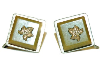 Bakelite and Chrome Earrings, Olive Green Bakelite, Leaf Detailing, Chrome Screw Backs, 1940s Antique Plastic Jewelry, Catalin Plastic