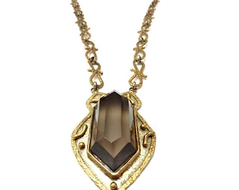 Vintage Brutalist Necklace, IXEL Mexican Designer Artisan Boutique Jewelry, Massive Crystal & Mixed Metal Necklace, Brass and Glass Necklace
