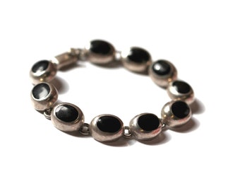 Sterling & Enamel Bracelet, Mexican Sterling Silver Bracelet, Bullseye Link Sterling Bracelet, Early 1990s Grunge Mexico Silver and Enamel