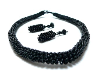 1930s Tramp Art Prison Necklace Demi Parure, Jewelry Art Deco Necklace Set, Wirework Necklace and Earrings, Vintage Handmade Black Jewelry