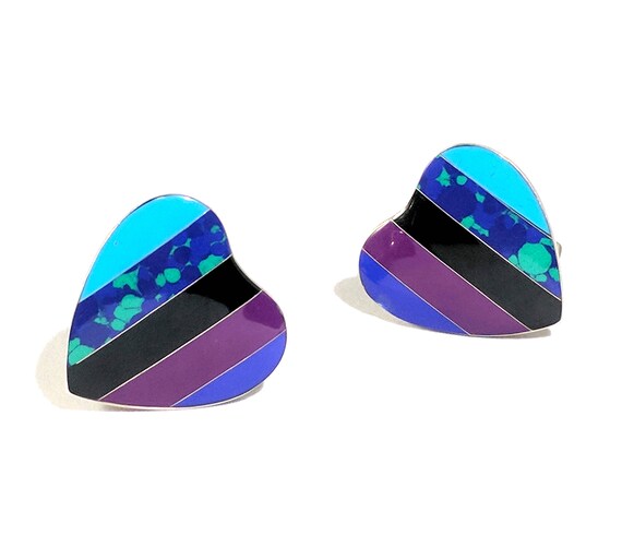 Sterling Gemstone Earrings - Vintage Mexican Silver Heart Earrings - Clip Ons - Designer Signed Jewelry - Turquoise Chrysocolla Lapis Stones