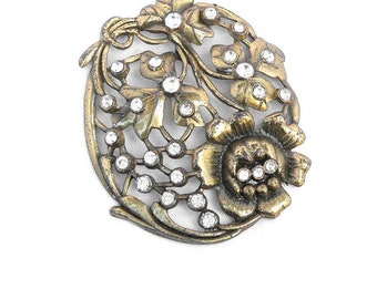 Pendentif Breloque Vintage Fleuri, Fleurs Blanches, Métal Argenté, Pâte De Verre Et Strass