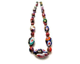 Millefiori Bead Necklace, Vintage Glass Beads, Art Deco Revival Colorful Millefiori Glass Necklace, Hand Blown Glass, Venetian Glass Beads