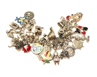 Charm Bracelet, Loaded Sterling Silver Charms, Double Link Sterling Bracelet, Vintage Sterling Charms, Articulated Charms Vintage Jewelry