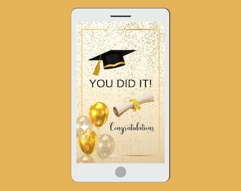 Tarjeta electrónica animada de graduación con globos dorados (descarga digital)