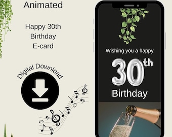 Tarjeta electrónica animada de cumpleaños número 30, brindis elegante con champán (descarga digital)