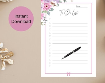 Lista de tareas imprimible con flores moradas y rosas, lista de verificación diaria con flores, descarga instantánea, detalle de lazo delicado