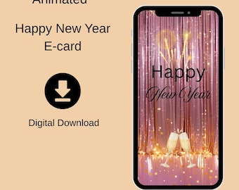 Tarjeta digital animada de Año Nuevo, saludo de Año Nuevo en oro rosa, elegantes fuegos artificiales, descarga digital