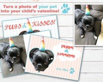 TARJETA DE SAN VALENTÍN PERSONALIZADA PARA PERRO Y GATO • I Woof You • You and Meow • Pugs and Kisses • Tarjeta de San Valentín imprimible para la clase de niños • Tarjeta de San Valentín para la escuela de niños