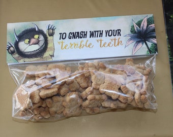 Adorno para bolsa de regalo de Donde viven los monstruos: Dientes terribles, te comeré. DESCARGA INMEDIATA PARA IMPRIMIR.