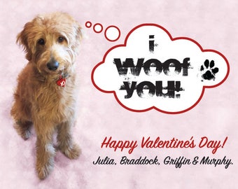 TARJETA DE SAN VALENTÍN PERSONALIZADA PARA PERRO Y GATO • I Woof You • You and Meow • Pugs and Kisses • Tarjeta de San Valentín imprimible para la clase de niños • Tarjeta de San Valentín para la escuela de niños