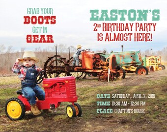 Tractor Farm Birthday Photo Invitation • DIGITAL John Deere Birthday • Grab Your Boots Invitation • First Birthday • Shower • DOUBLE sided