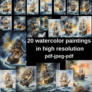 Sailboat, pirate ship, galleon watercolor painting. A Collection of 20 high resolution sailboat images. JPEG, PDF, PNG.