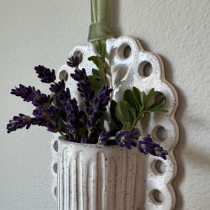 Scalloped Ceramic Wall Pocket Vase, Lace Edge Hanging Planter, Boho Wall Decor for Dried Flowers, Handmade Pottery Gift, Item #107