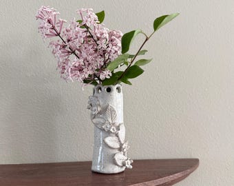 Item #97 | Handmade White Ceramic Bud Vase with Vines, Hand built Flower Vase