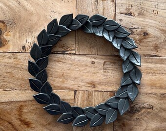 Black Ceramic Leaf Wreath, Handmade Pottery Wall Hanging, Gothic Halloween Fall Decor, Gift, Item #25