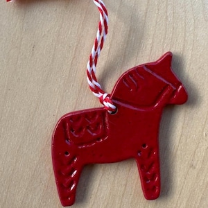 Swedish Dala Horse Ornament (Chevron Saddle), Red Glossy Christmas Ornament, Handmade Pottery (Quantity 1)