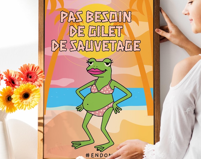 Featured listing image: Endometriosis Printable Poster – Froggy “Endo Queen” at the Beach – Funny Wall Decor