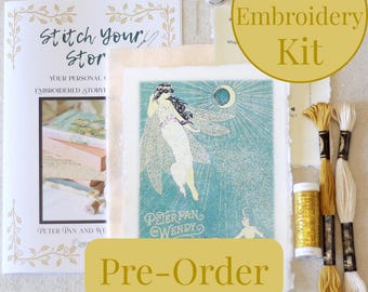 PRE-ORDER Peter Pan and Wendy Storybook Print Embroidery Kit, Embroidered Paper Craft (5"x7")