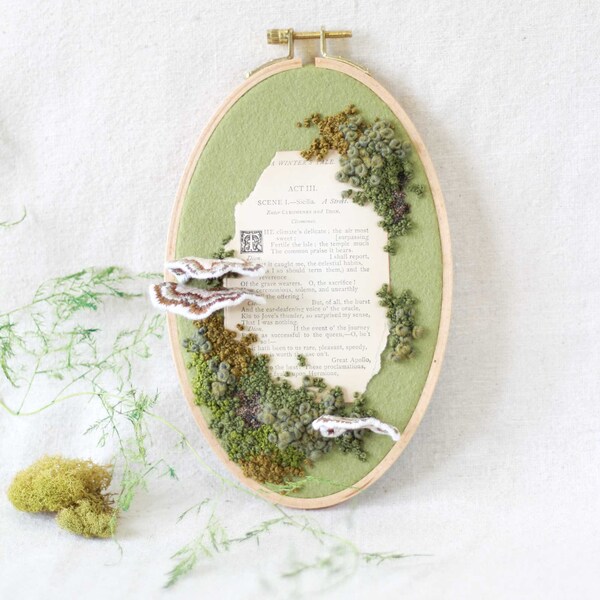 Embroidery Hoop with Antique Book Page, Mushroom Embroidery, Embroidered Moss, Fiber Art Wall Hanging