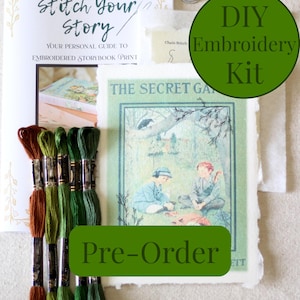 May include: An embroidery kit featuring a guide titled Stitch Your Story, a fabric panel with The Secret Garden illustration, five skeins of embroidery floss in shades of brown and green, and a metal thimble. The kit includes DIY Embroidery Kit text.