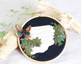 Embroidery Hoop with Antique Book Page, Butterfly Embroidery, Moss Embroidery, Fiber Art Wall Hanging