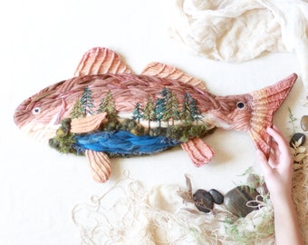 Redfish Scenery Weaving, 3D Woven Fish Wall Hanging, Three Dimensional Fiber Sculpture, Surreal Weaving