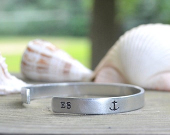 Personalized Anchor Cuff Bracelet - Monogram - Initial - Initials - Anchor - Nautical - Looks Like Silver - Metal Stamping - Aluminum