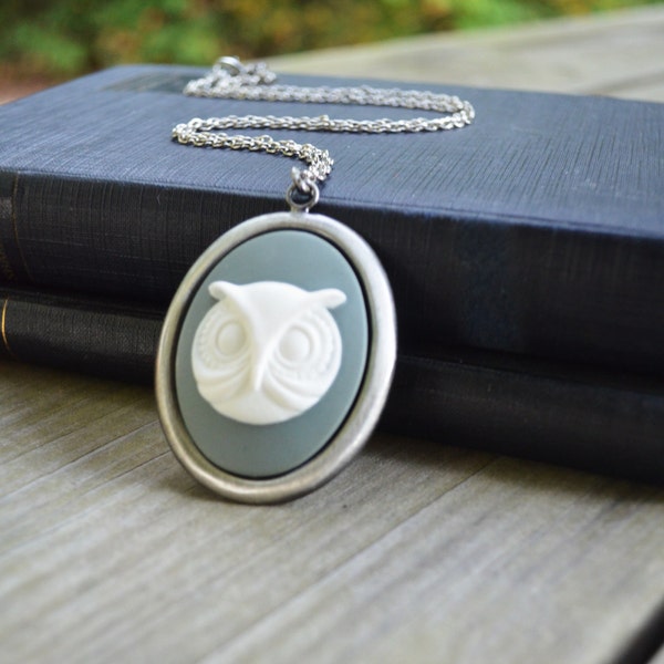 Owl Necklace - Woodland - Cameo - White Owl - Owls - Fall - Autumn - Gray - Grey - Nature - Bird -  Silver - Gifts Under 25