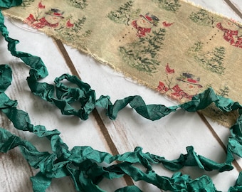 Hand Distressed, Vintage Christmas Santa Fabric Ribbon with 5 yards of crinkled Dark Green Seam Binding!