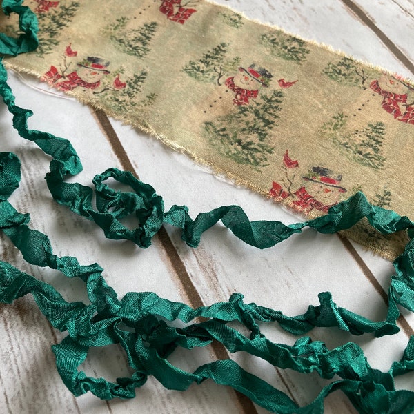 Hand Distressed, Vintage Christmas Santa Fabric Ribbon with 5 yards of crinkled Dark Green Seam Binding!