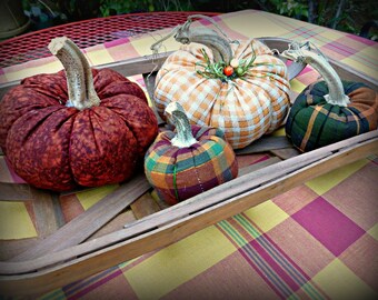 SET of FOUR Handmade Fabric Pumpkins for Fall Decorating, Thanksgiving Pumpkins, Farmhouse Decorating Ideas