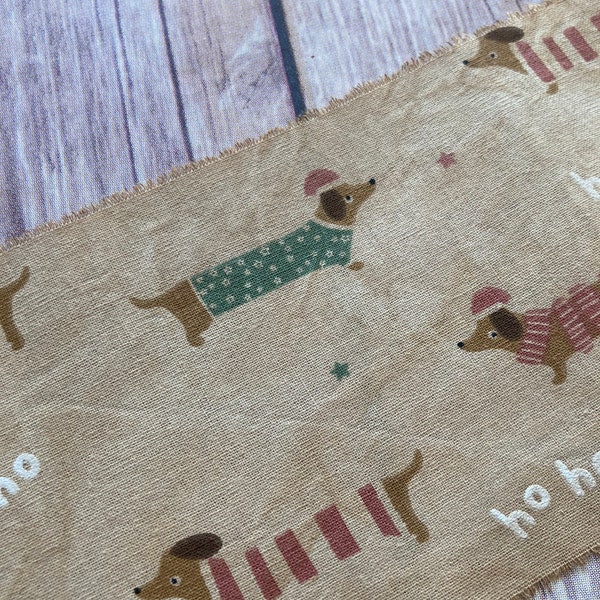 Softly Distressed Dachshund Dog Christmas Fabric Ribbon for Christmas Crafting, Christmas Dog Ribbon