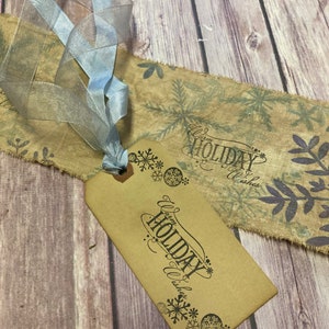 Distressed Soft Blue Snowflake Fabric Ribbon with matching gift Tag, Christmas Snowflake Ribbon