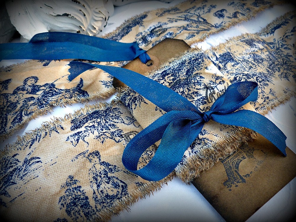 Slightly Distressed Toile French Ribbon with French Stamping