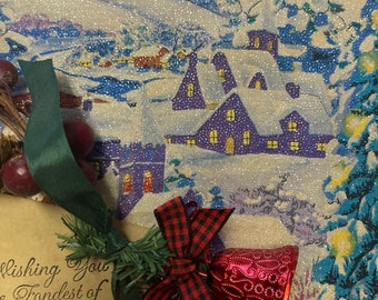 Glittered Country Christmas Snowy Scene Handmade Distressed Fabric Ribbon with Embellishments