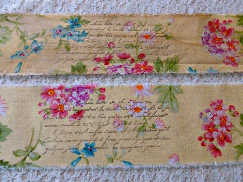 You CHOOSE either Distressed or Natural in Color 52 INCHES Long French Floral Handmade Ribbon with French Script