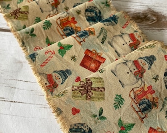Distressed Christmas Snowman Print  Fabric Ribbon with Handmade Gift tag, Christmas crafting Ideas, Christmas Decorating
