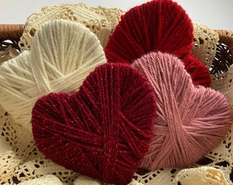 Set of FOUR Yarn Valentine Hearts in Assorted Shades Bowl Filler Tray Decor