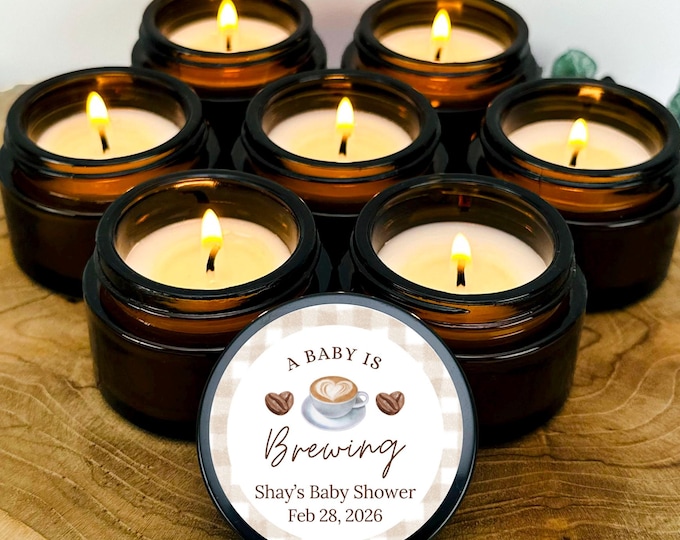 A Baby Is Brewing Custom Coffee Candle Favors, Bulk Personalized Soy Candles