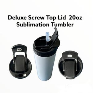 May include: White 20oz sublimation tumbler with a black screw top lid and a black lid with a straw hole. The lid has a black latch on the side. The tumbler is shown from three different angles.