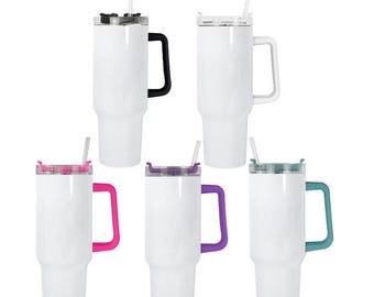 40oz White sublimation tumbler blank with black, white, pink, purple or teal colored removable handle, screw on lid, straw
