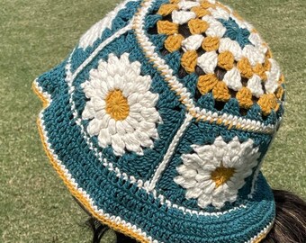 Crochet Bucket Hat - Daisy Granny Square Flower Hat - Handknit Fall Hat Gift - Vintage Hat