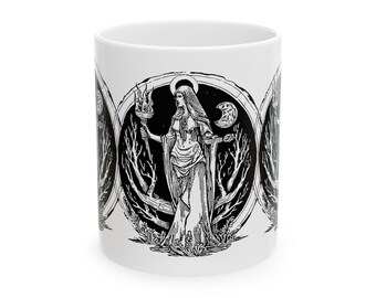 Triple Moon Goddess Illustration Mug | Witchy Moon Phases Ceramic Mug