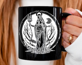 Maanverlichte heks illustratie, godin mok, Hecate mok, vintage godin mok, Witchcore mok, Witchy mok, cadeau voor heks, cadeau voor haar